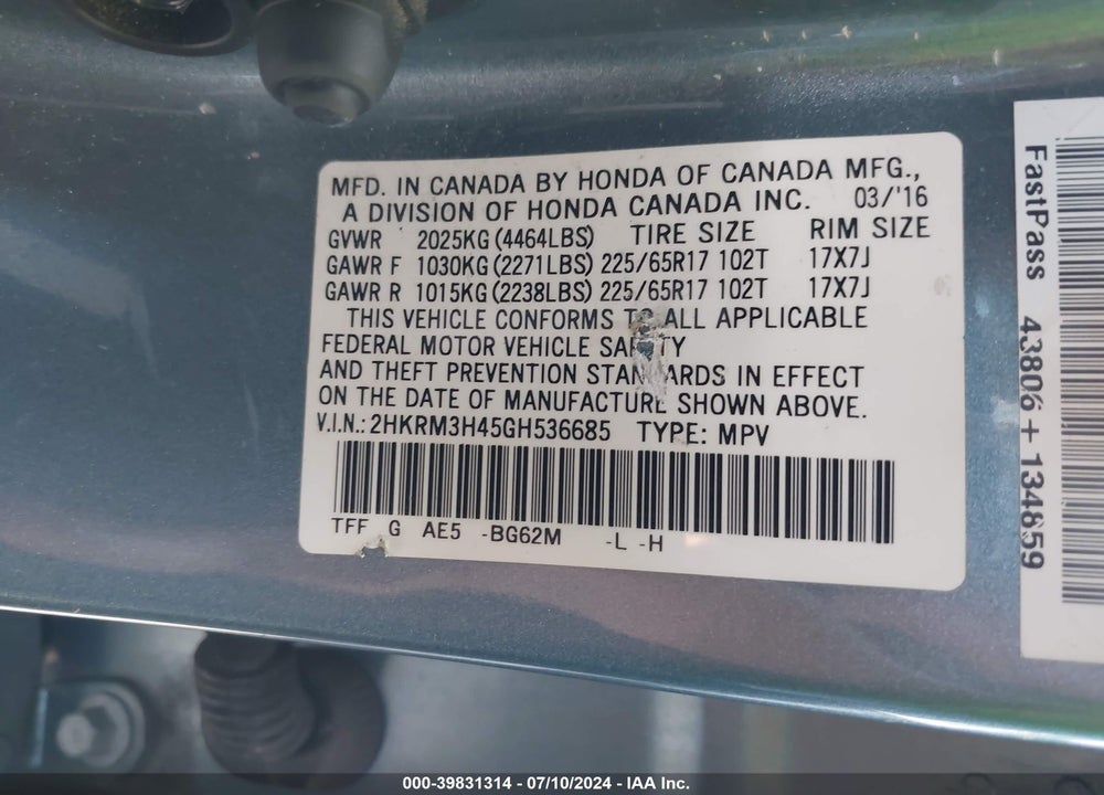 2016 HONDA CR-V SE VIN: 2HKRM3H45GH536685