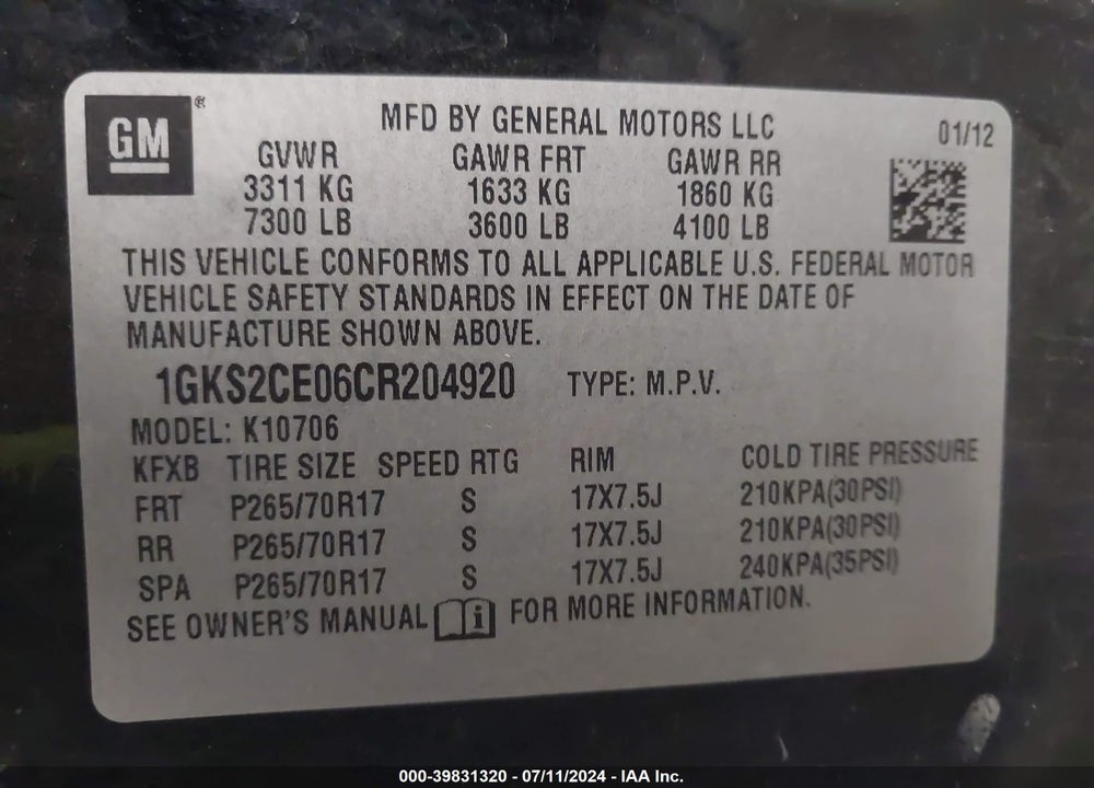 2012 GMC YUKON SLT VIN: 1GKS2CE06CR204920