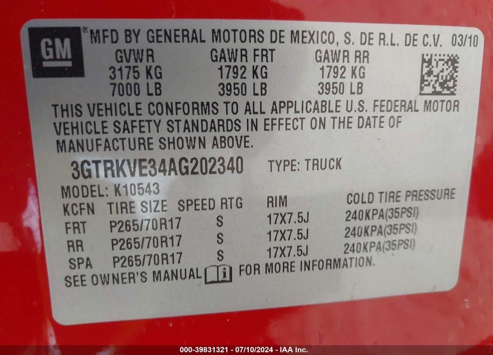 2010 GMC SIERRA 1500 VIN: 3GTRKVE34AG202340