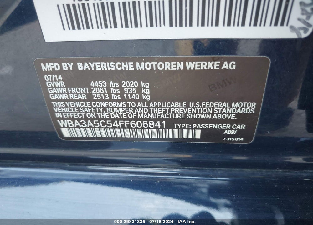 2015 BMW 328I VIN: WBA3A5C54FF606841