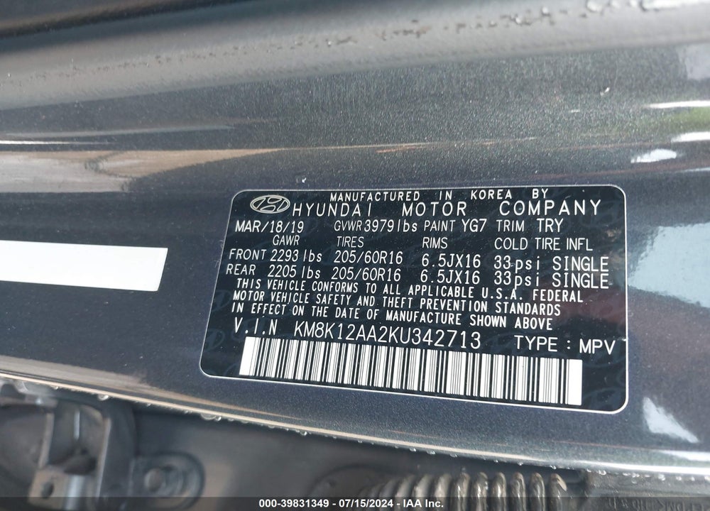 2019 HYUNDAI KONA SE VIN: KM8K12AA2KU342713