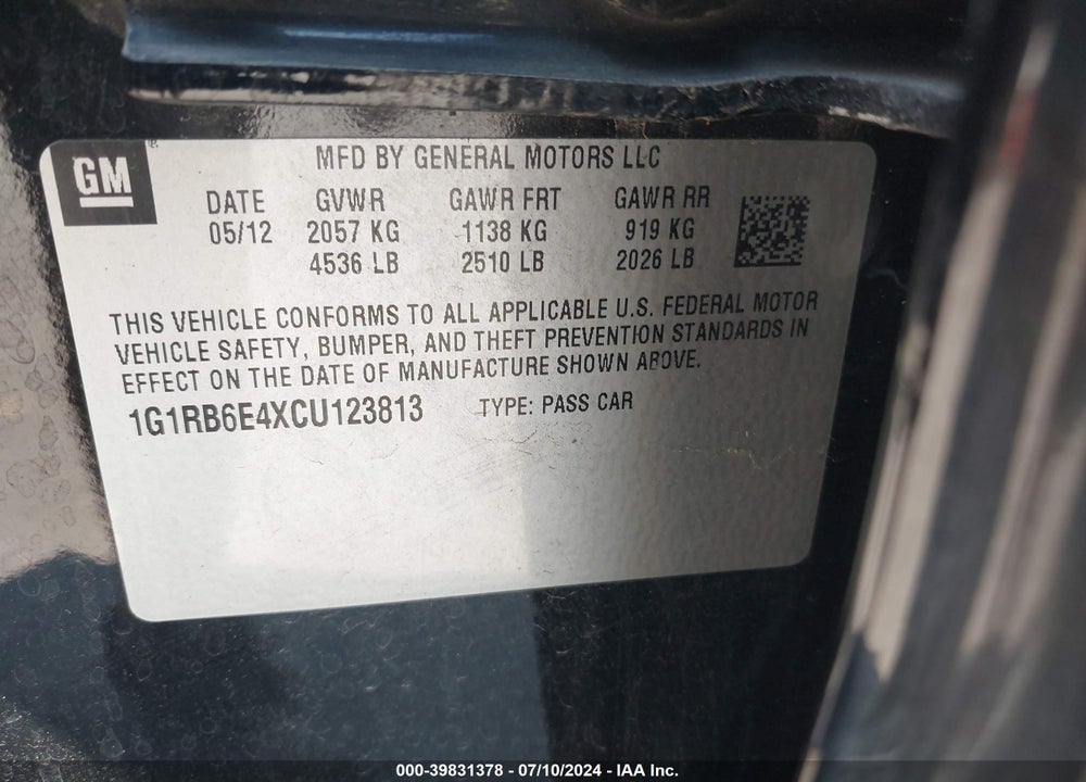 2012 CHEVROLET VOLT VIN: 1G1RB6E4XCU123813
