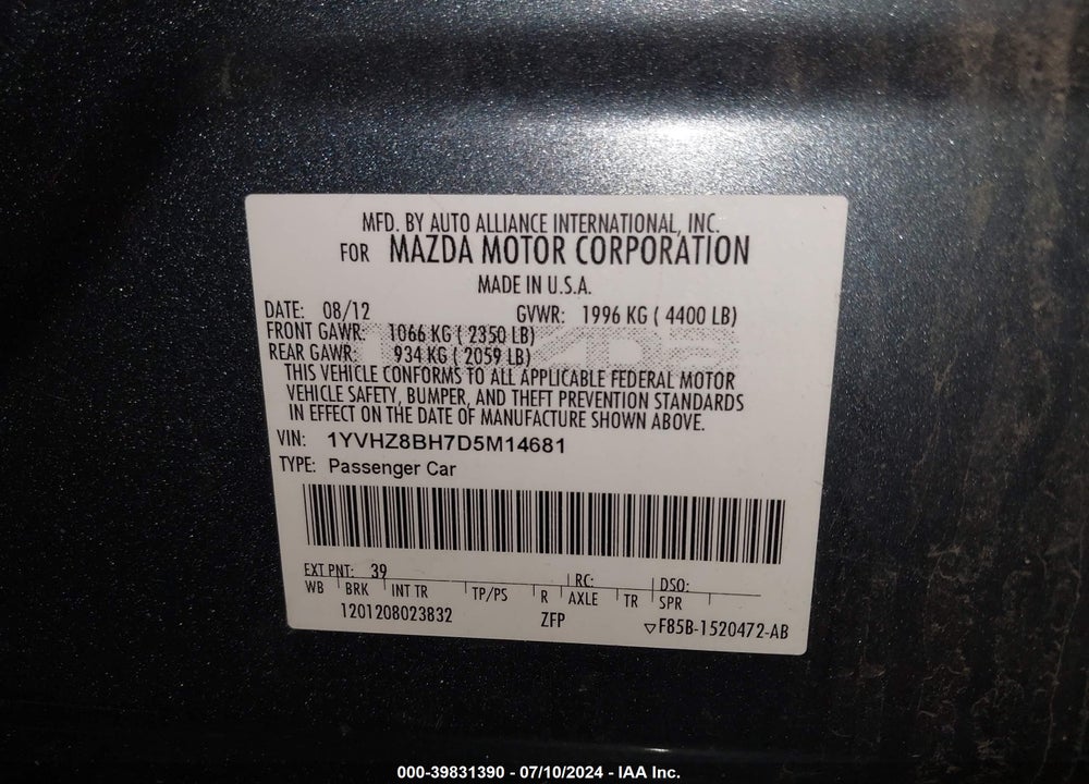 2013 MAZDA 6 I SPORT VIN: 1YVHZ8BH7D5M14681
