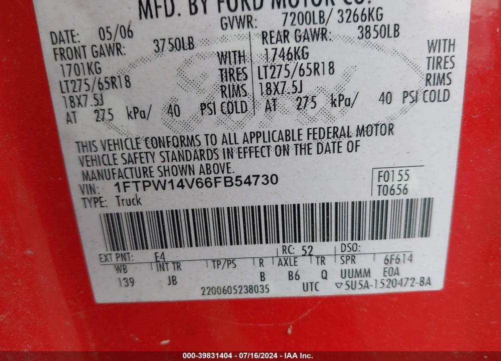 2006 FORD F-150 FX4/LARIAT/XLT VIN: 1FTPW14V66FB54730