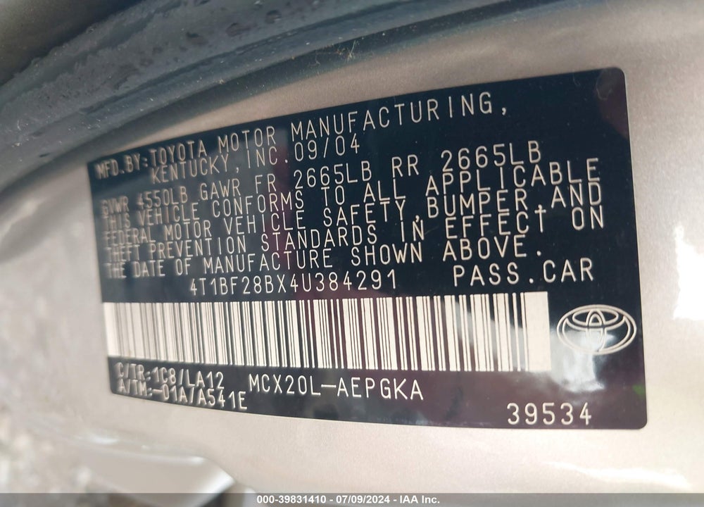 2004 TOYOTA AVALON XLS VIN: 4T1BF28BX4U384291