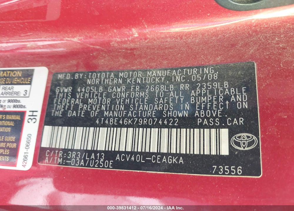 2009 TOYOTA CAMRY XLE VIN: 4T4BE46K79R074422