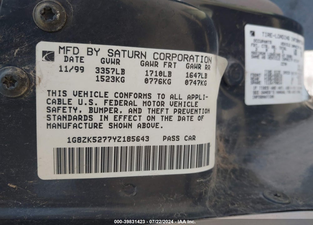2000 SATURN SL2 VIN: 1G8ZK5277YZ185643