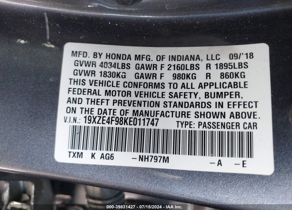 2019 HONDA INSIGHT TOURING VIN: 19XZE4F98KE011747