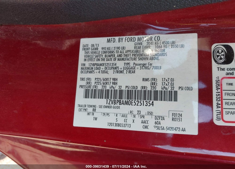2014 FORD MUSTANG V6 VIN: 1ZVBP8AM0E5251354