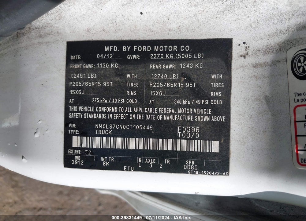 2012 FORD TRANSIT CONNECT XL VIN: NM0LS7CN0CT105449