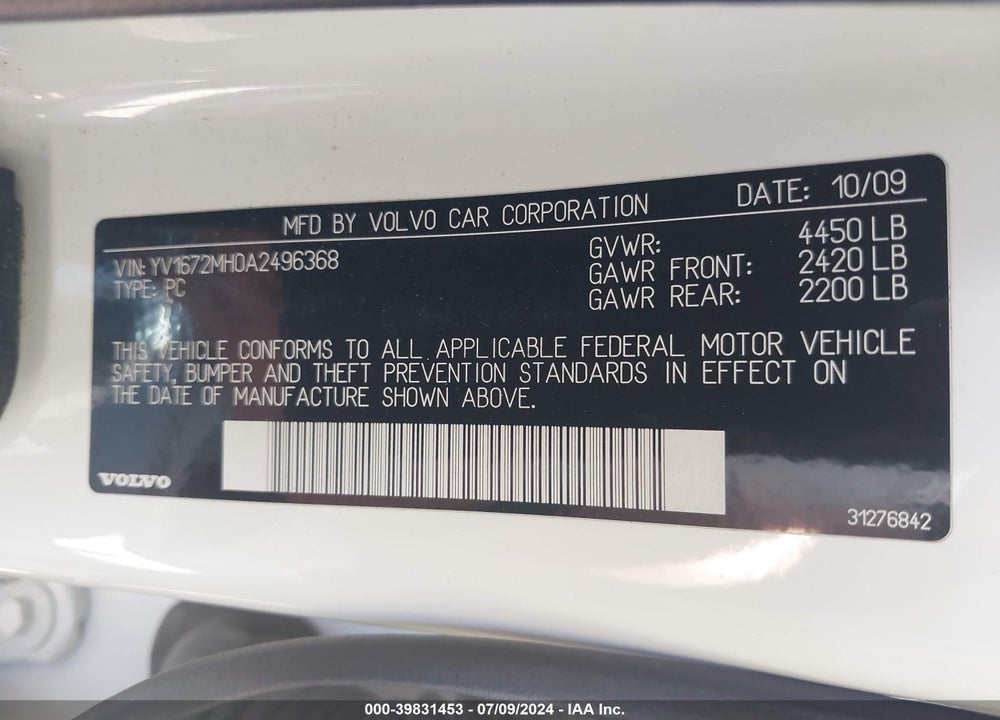 2010 VOLVO S40 T5 R-DESIGN VIN: YV1672MH0A2496368