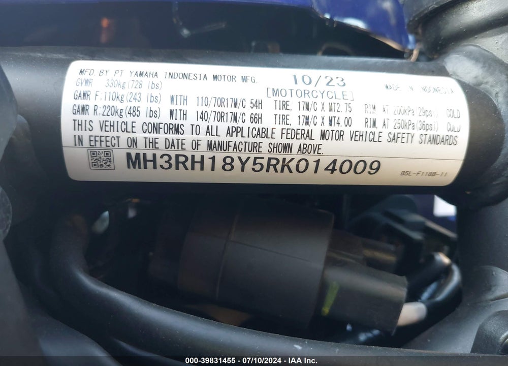2024 YAMAHA YZFR3 A VIN: MH3RH18Y5RK014009