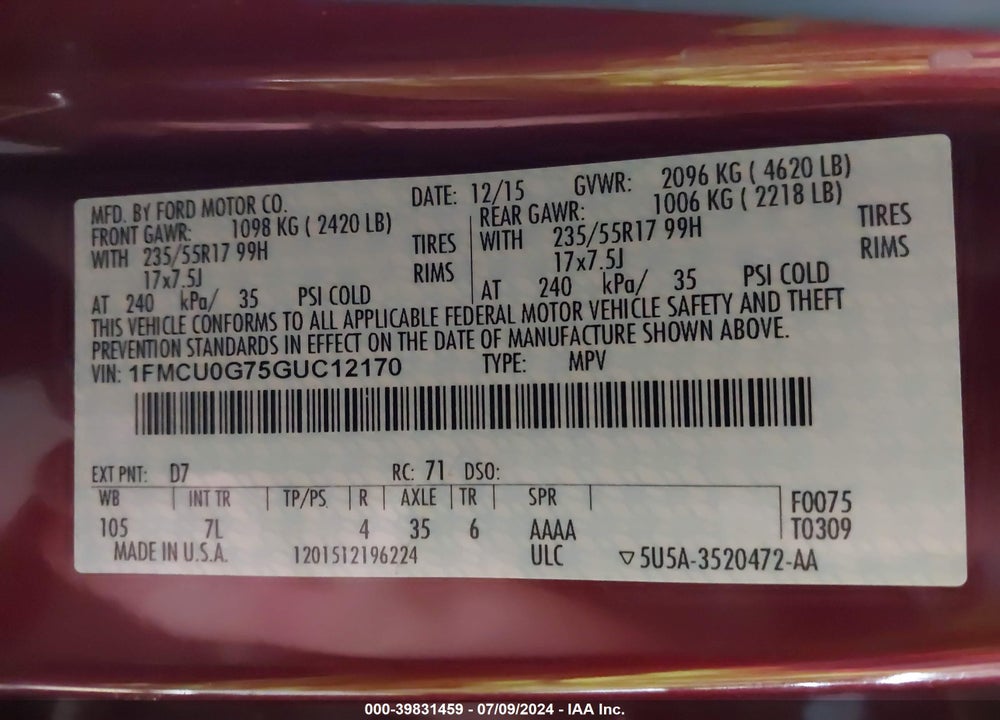 2016 FORD ESCAPE SE VIN: 1FMCU0G75GUC12170