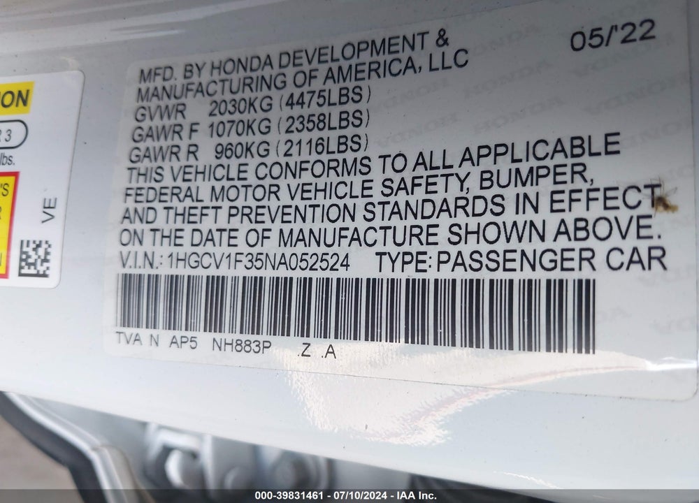 2022 HONDA ACCORD SPORT VIN: 1HGCV1F35NA052524
