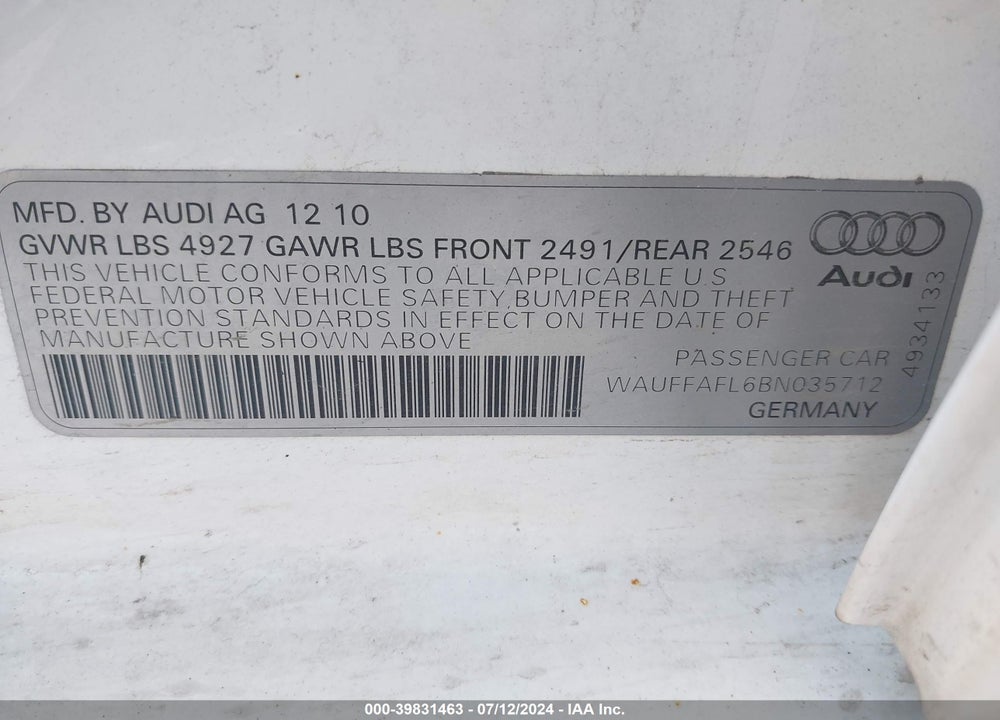 2011 AUDI A4 2.0T PREMIUM VIN: WAUFFAFL6BN035712