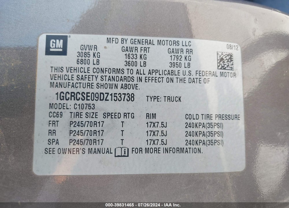 2013 CHEVROLET SILVERADO 1500 LT VIN: 1GCRCSE09DZ153738