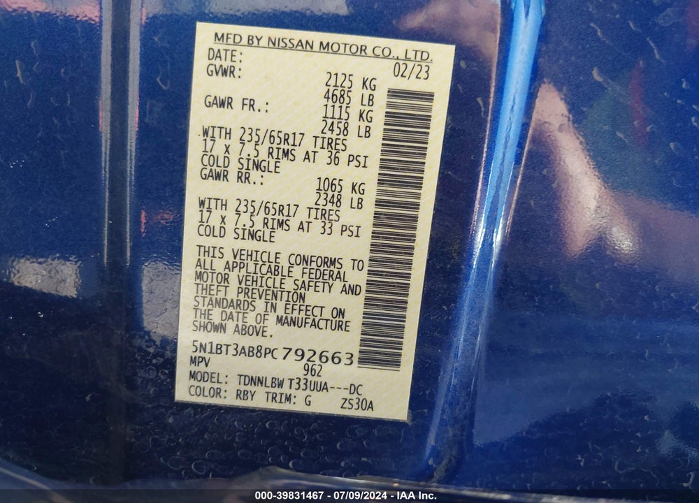 2023 NISSAN ROGUE VIN: 5N1BT3AB8PC792663