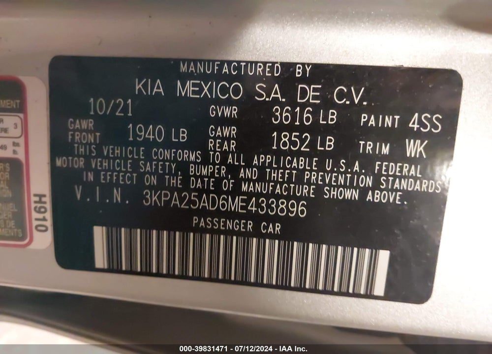 2021 KIA RIO 5-DOOR VIN: 3KPA25AD6ME433896
