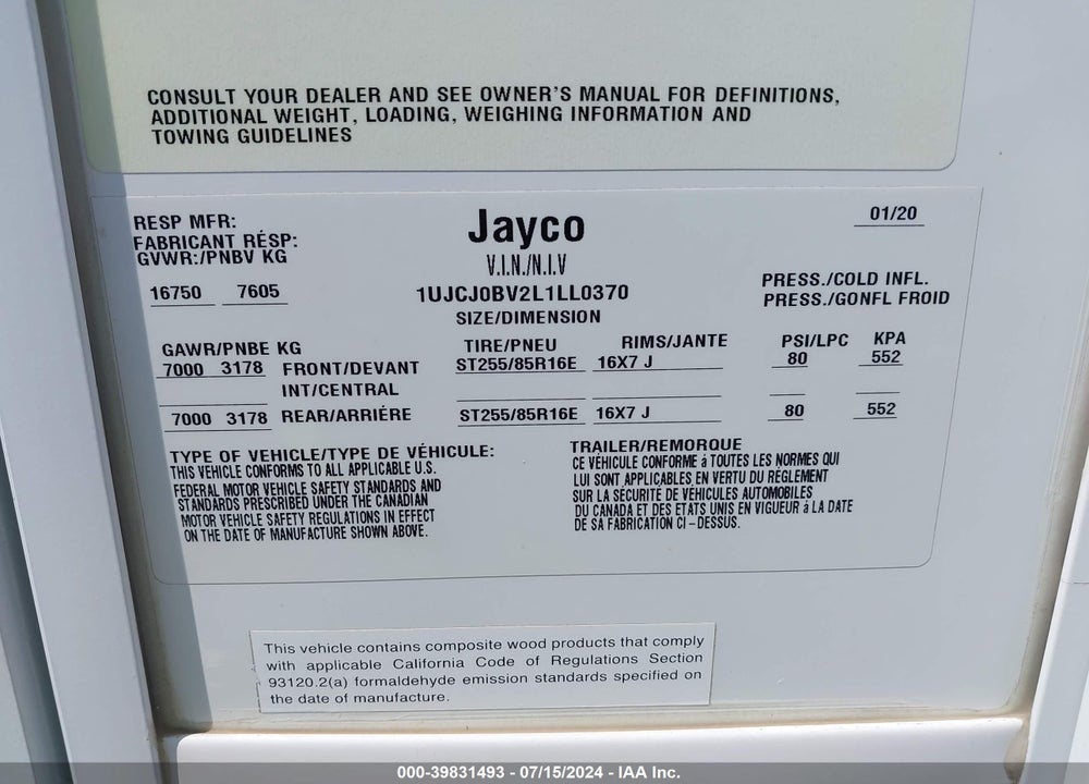 2020 JAYCO OTHER VIN: 1UJCJ0BY2L1LL0370