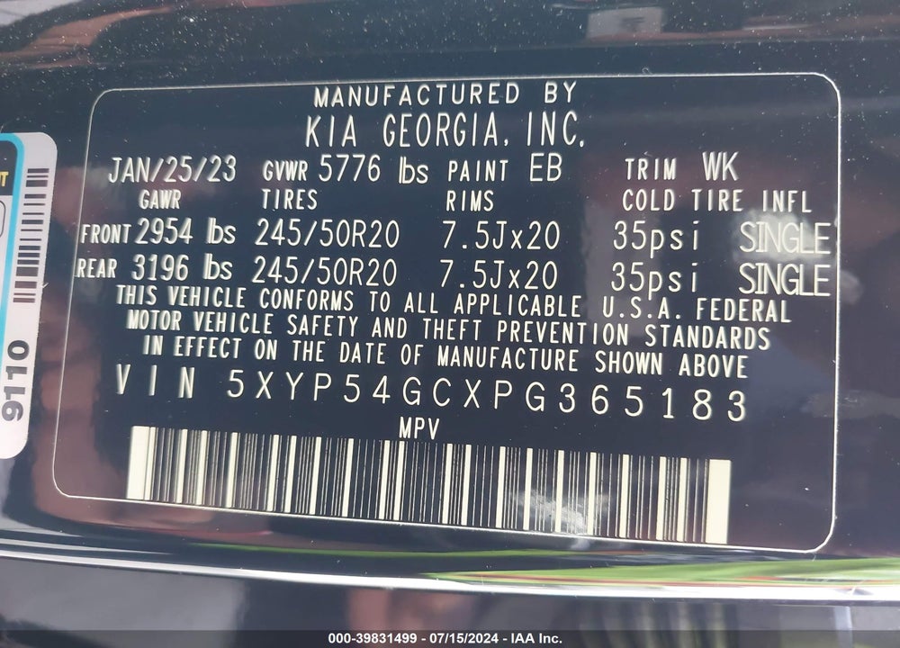 2023 KIA TELLURIDE SX VIN: 5XYP54GCXPG365183