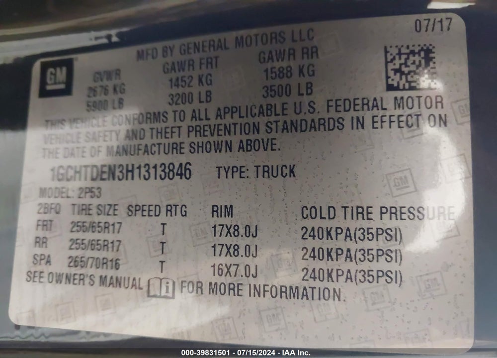 2017 CHEVROLET COLORADO Z71 VIN: 1GCHTDEN3H1313846