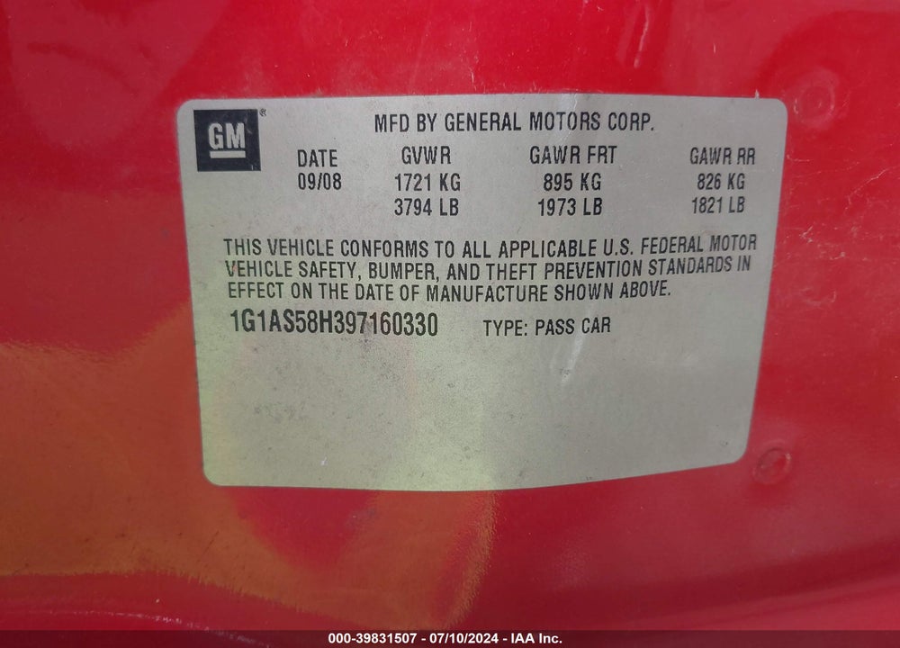 2009 CHEVROLET COBALT LS VIN: 1G1AS58H397160330