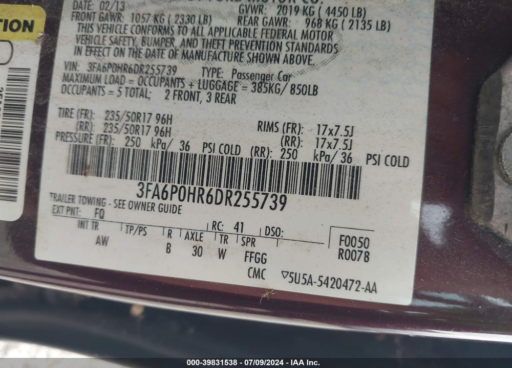 2013 FORD FUSION SE VIN: 3FA6P0HR6DR255739