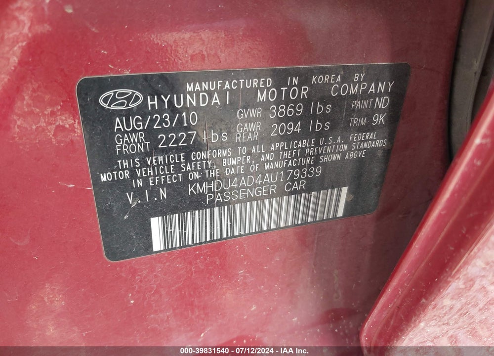 2010 HYUNDAI ELANTRA GLS VIN: KMHDU4AD4AU179339