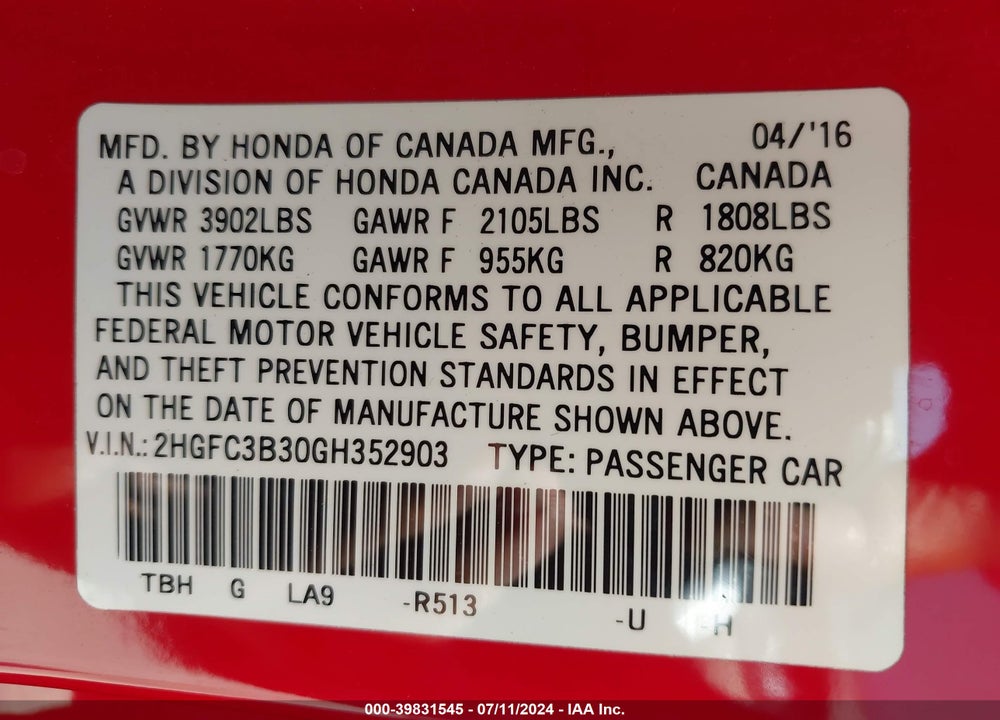 2016 HONDA CIVIC EX-T VIN: 2HGFC3B30GH352903