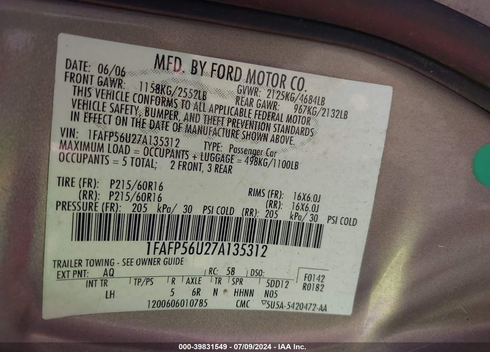 2007 FORD TAURUS SEL VIN: 1FAFP56U27A135312