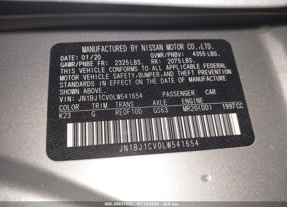 2020 NISSAN ROGUE SPORT S FWD XTRONIC CVT VIN: JN1BJ1CV0LW541654