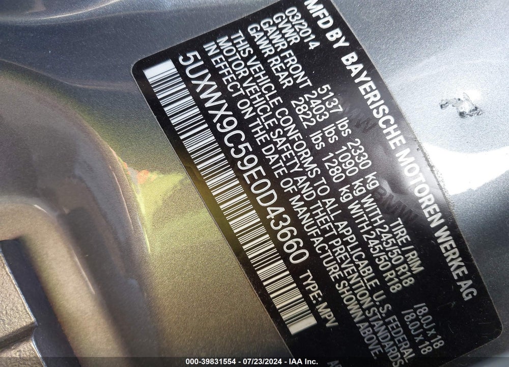 2014 BMW X3 XDRIVE28I VIN: 5UXWX9C59E0D43660