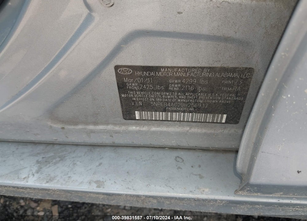 2011 HYUNDAI SONATA GLS VIN: 5NPEB4AC2BH256937