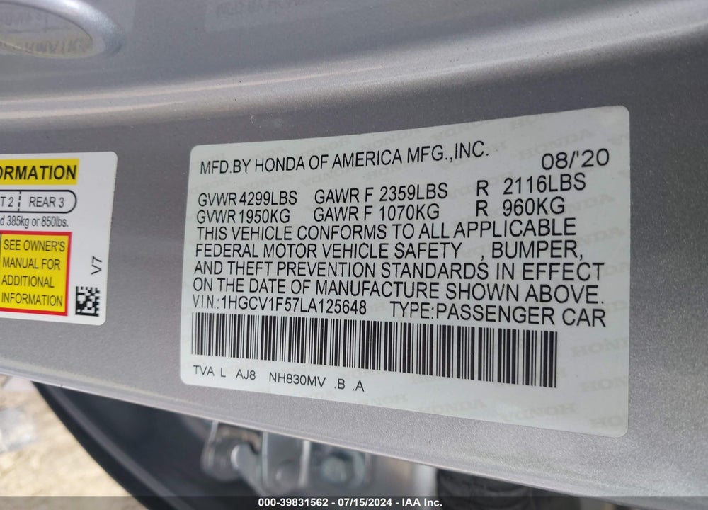 2020 HONDA ACCORD EX-L VIN: 1HGCV1F57LA125648
