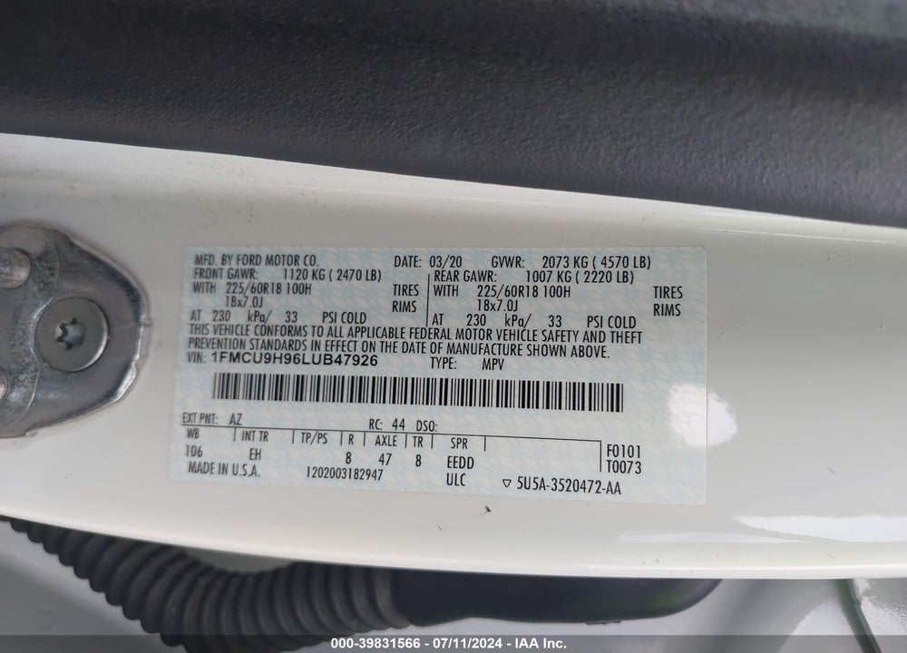2020 FORD ESCAPE SEL VIN: 1FMCU9H96LUB47926