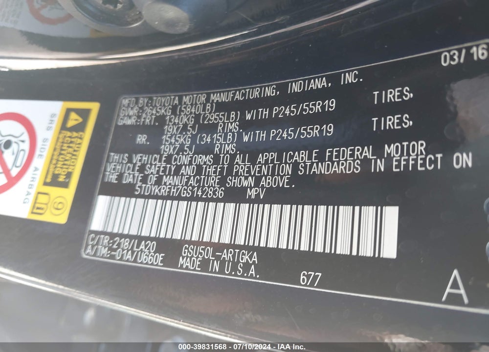 2016 TOYOTA HIGHLANDER LIMITED V6 VIN: 5TDYKRFH7GS142836