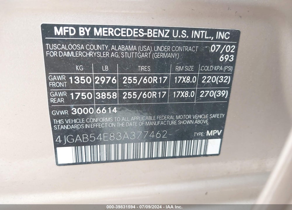 2003 MERCEDES-BENZ ML 320 VIN: 4JGAB54E83A377462