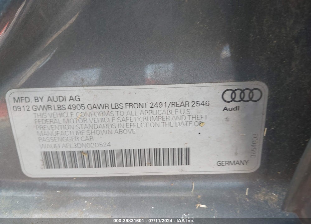 2013 AUDI A4 2.0T PREMIUM VIN: WAUFFAFL3DN020524