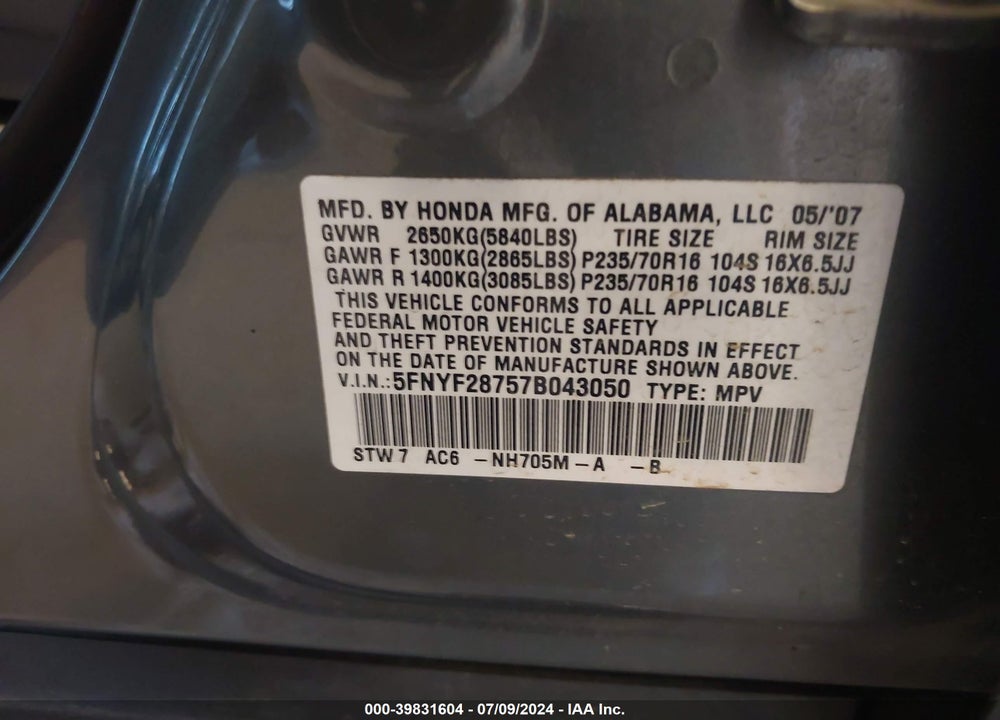 2007 HONDA PILOT EX-L VIN: 5FNYF28757B043050