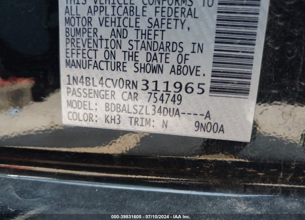 2024 NISSAN ALTIMA SR FWD VIN: 1N4BL4CV0RN311965