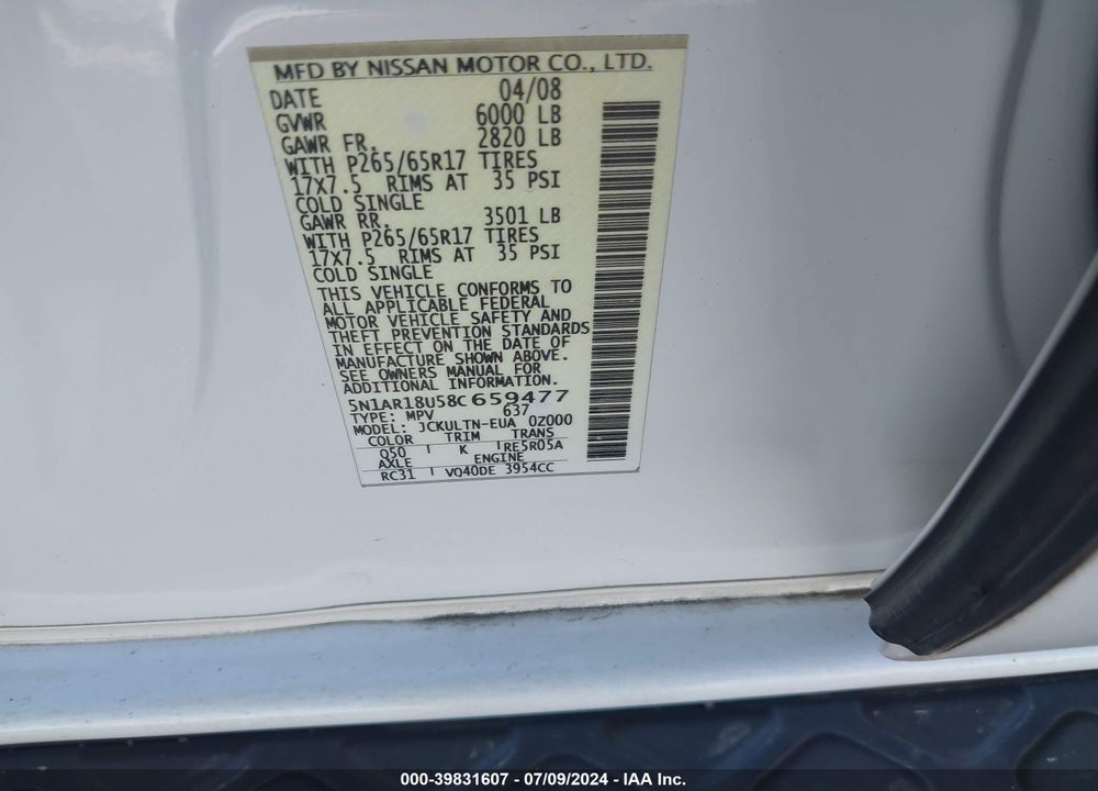 2008 NISSAN PATHFINDER SE VIN: 5N1AR18U58C659477