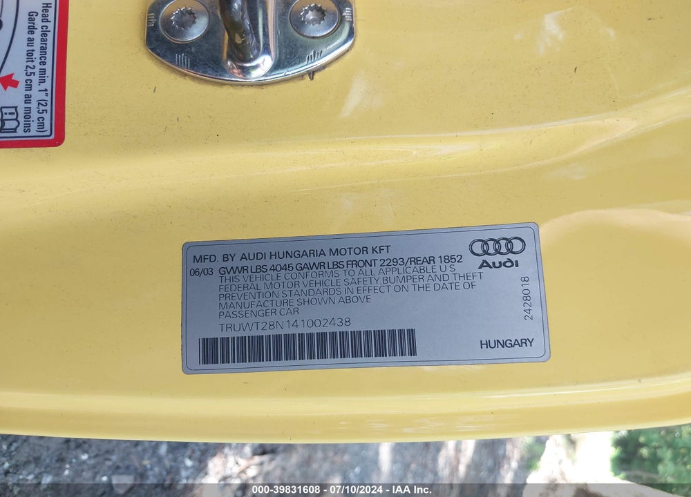 2004 AUDI TT 1.8L VIN: TRUWT28N141002438