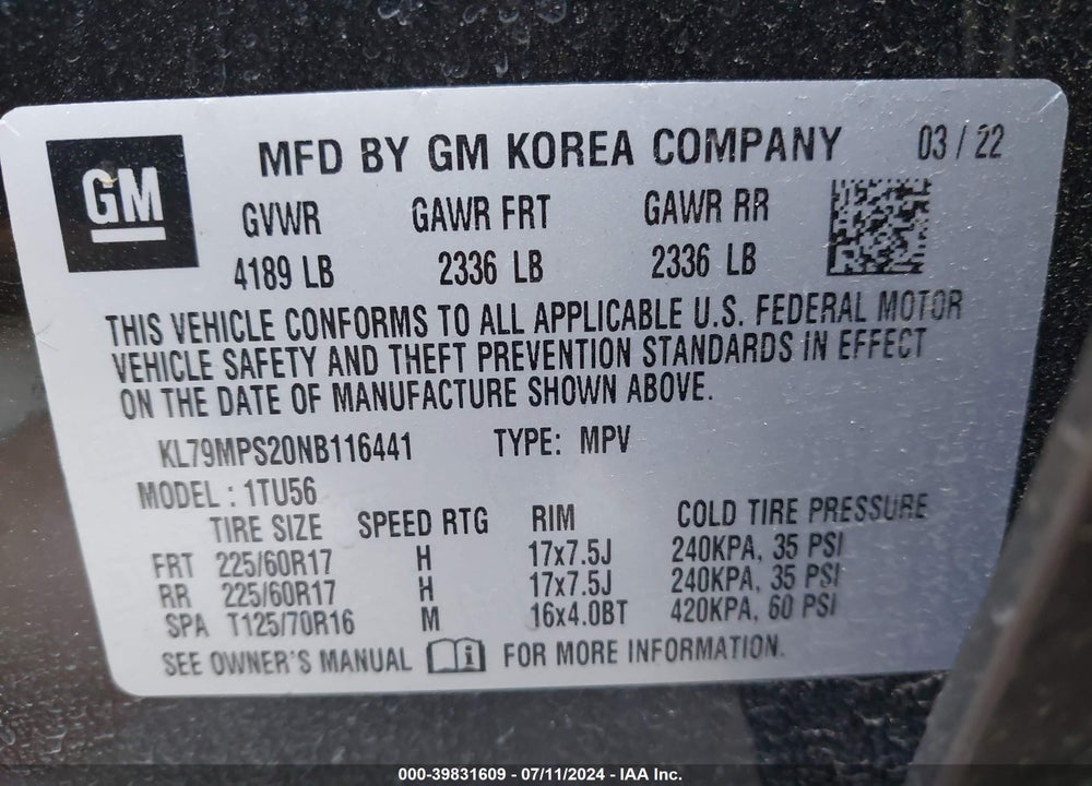 2022 CHEVROLET TRAILBLAZER FWD LT VIN: KL79MPS20NB116441