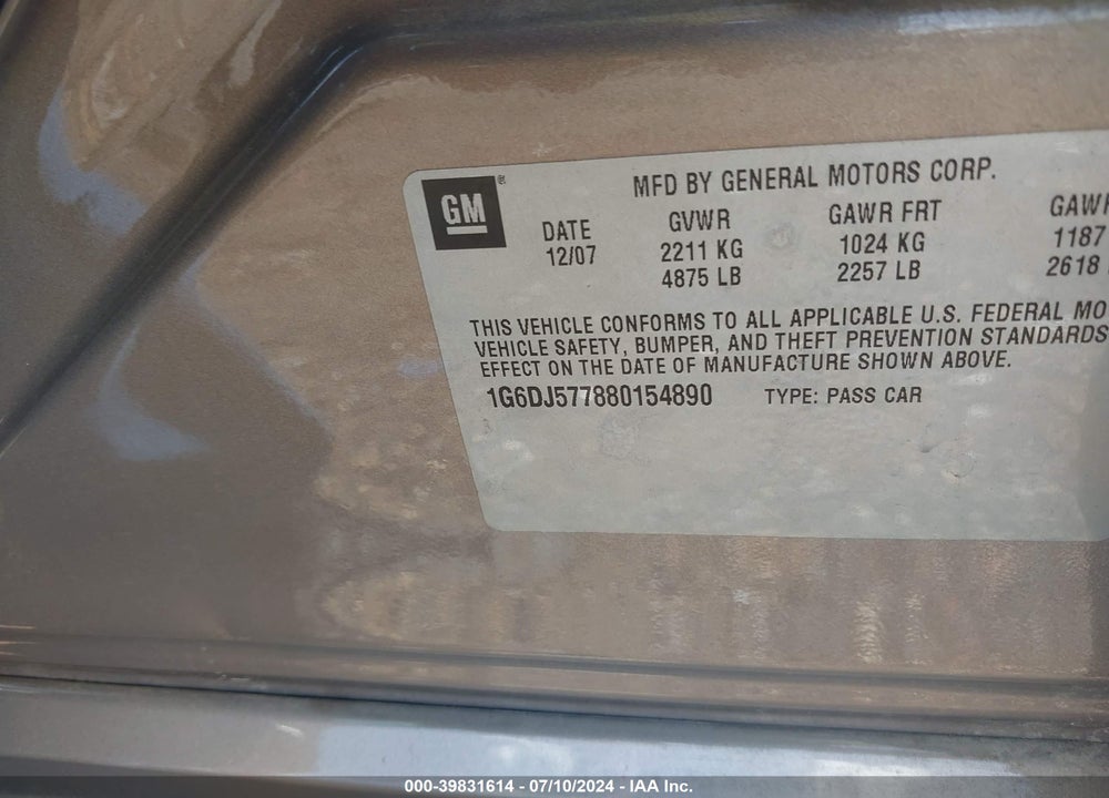 2008 CADILLAC CTS STANDARD VIN: 1G6DJ577880154890