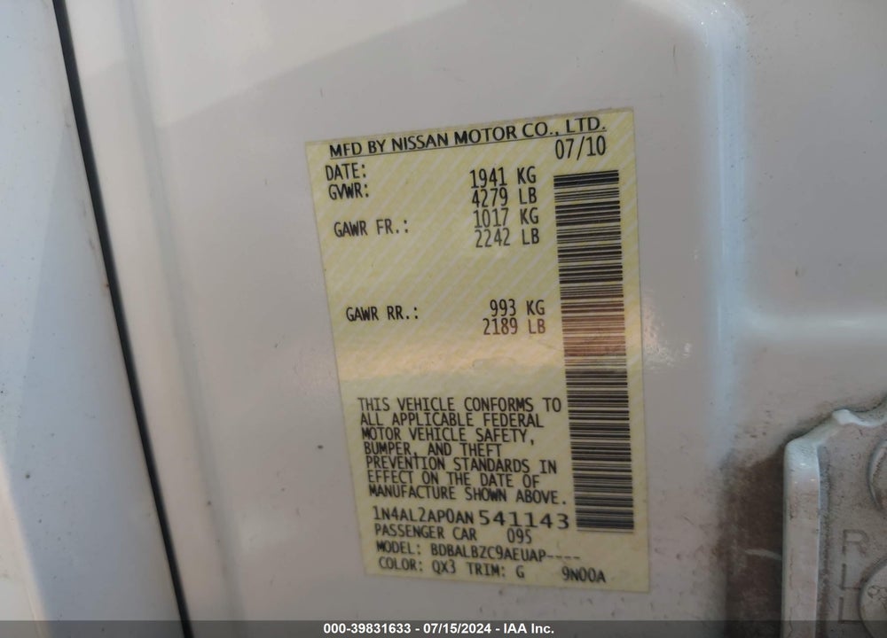 2010 NISSAN ALTIMA 2.5 S VIN: 1N4AL2AP0AN541143