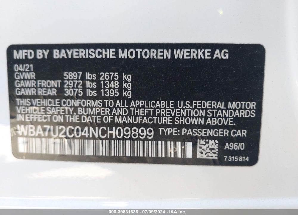 2022 BMW 750 I XDRIVE VIN: WBA7U2C04NCH09899