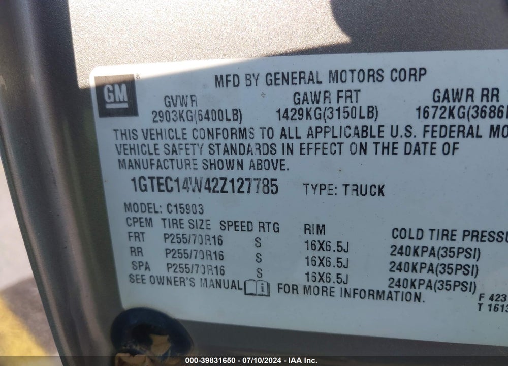 2002 GMC SIERRA 1500 SL VIN: 1GTEC14W42Z127785