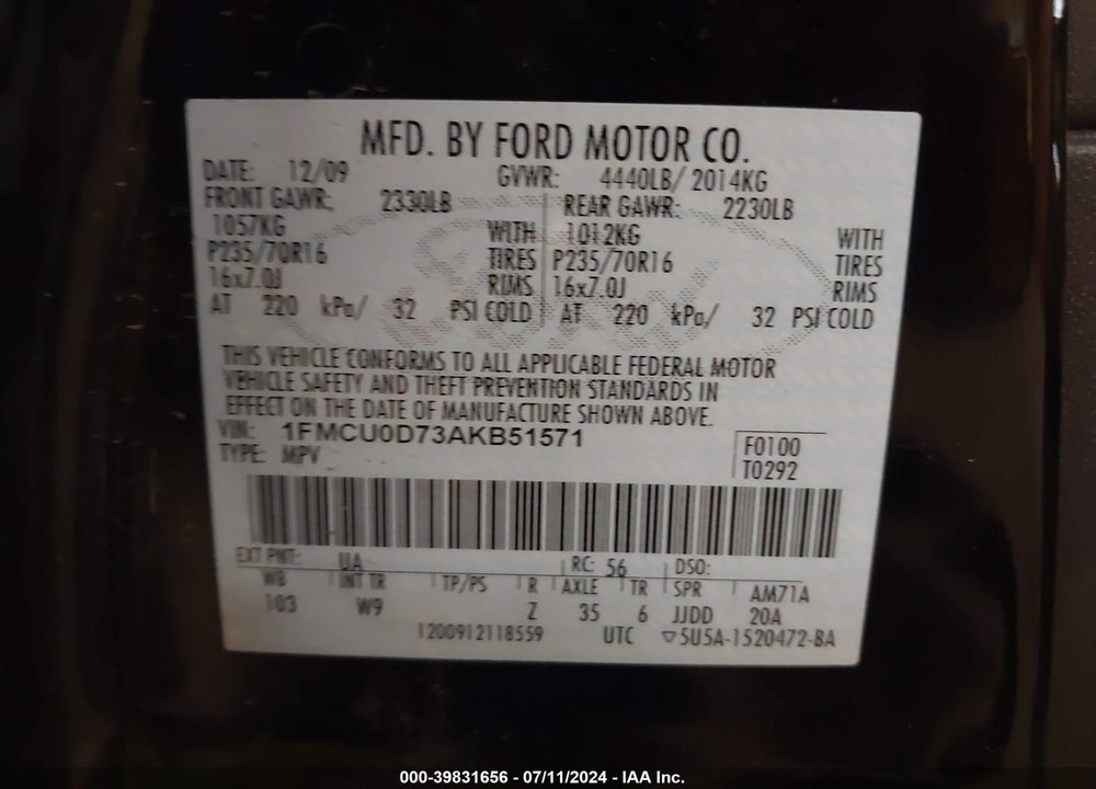 2010 FORD ESCAPE XLT VIN: 1FMCU0D73AKB51571