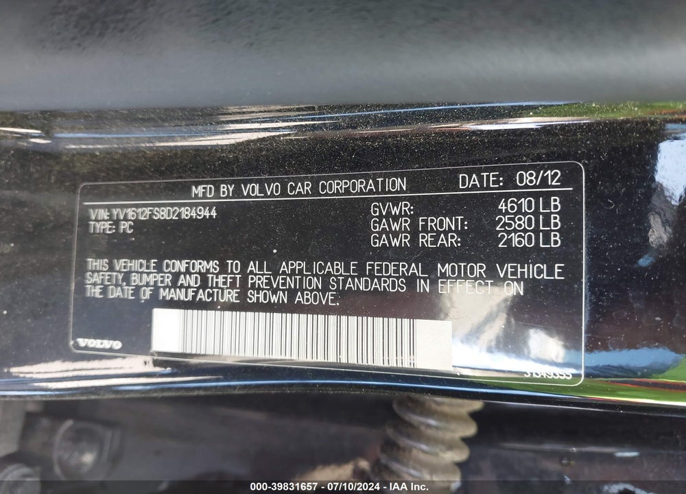 2013 VOLVO S60 T5/T5 PLATINUM/T5 PREMIER/T5 PREMIER PLUS VIN: YV1612FS8D2184944