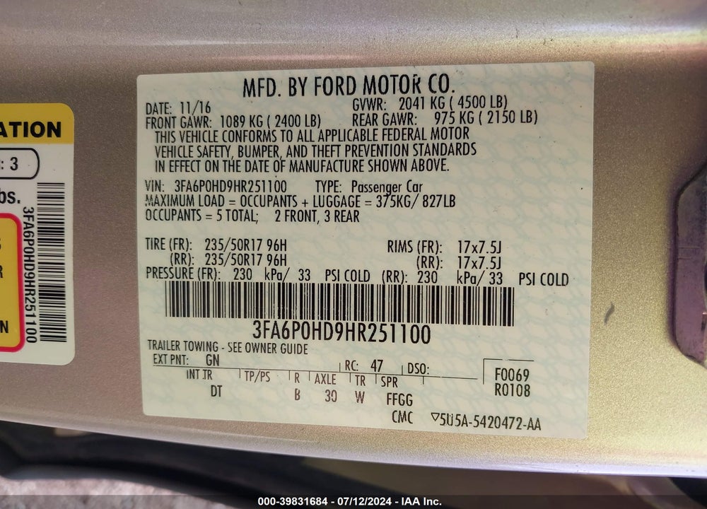 2017 FORD FUSION SE VIN: 3FA6P0HD9HR251100